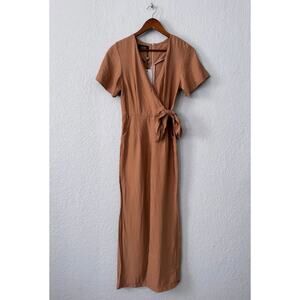 la lune brown short sleeved faux wrap pants romper size small